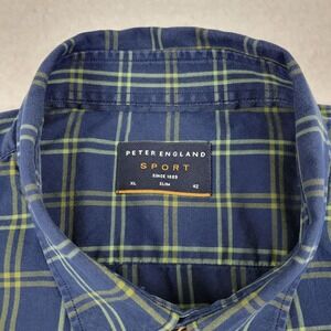Peter England‎ Sport Slim Button Up Shirt Mens XL Slim 42 Long Sleeve Plaid Blue